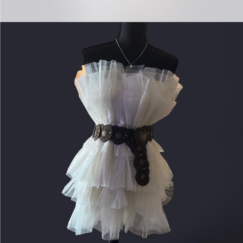 Elegant White Layered Dress with Black Belt